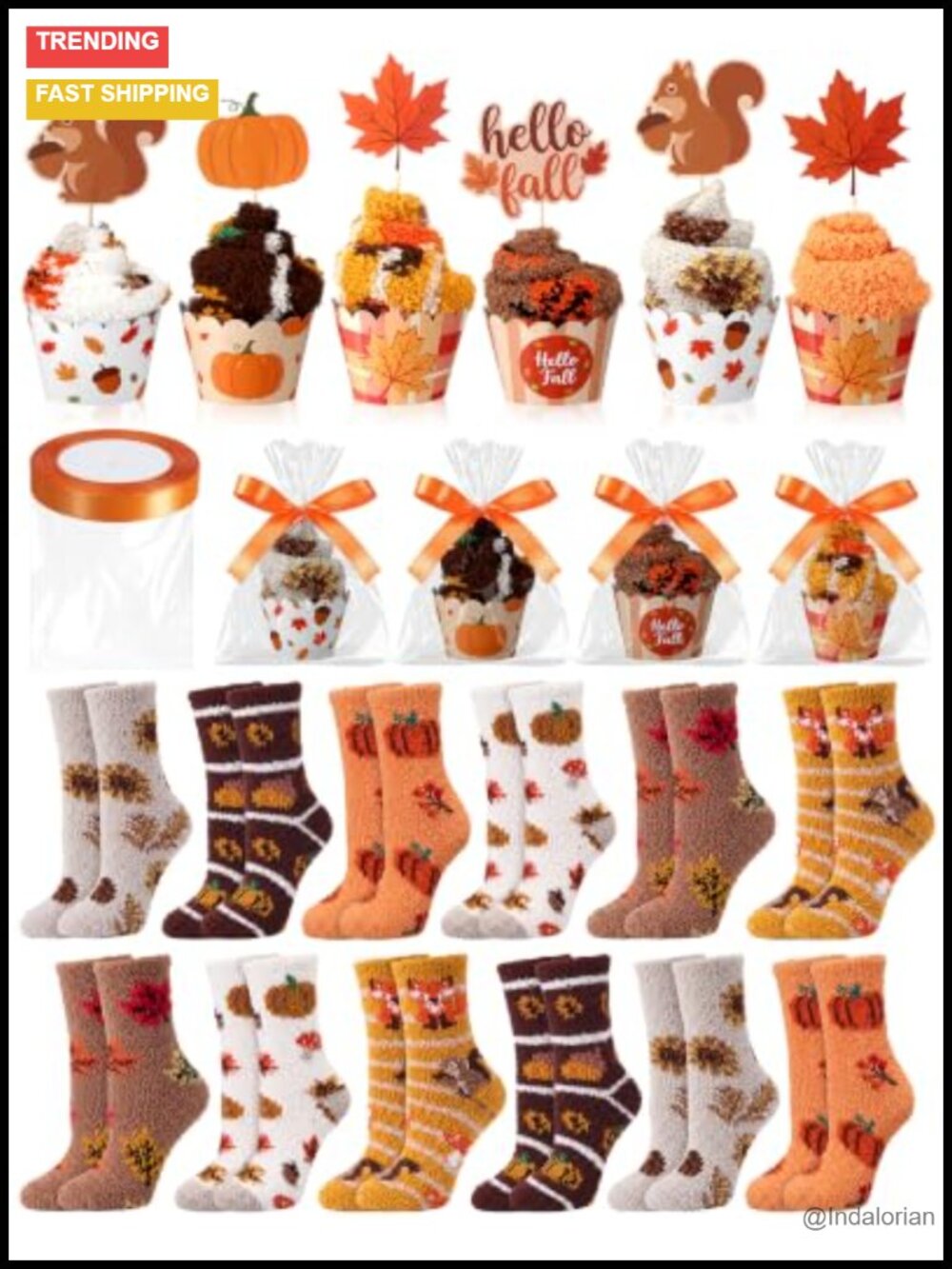 12 Set Fall Cupcake Fuzzy Socks Basket Stuffer Coral Fleece